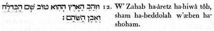 12. Et-l’or-de la-terre icelle, bon ; lieu-propre du-Bedellium ( séparation mystérieuse ), et - de la-pierre shohâm. ( Sublimation universelle ).