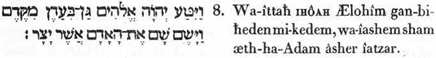 8. Et-il arrêta (traça), IHÔAH , Lui-les-Dieux, une-enceinte (une circonférence organique) dans-la- sphère-sensible-et- temporelle extraite - de - l’antériorité -universelle (des temps) ; et-il-plaça là ce-méme- Adam qu’il-avait-formé-pour l'éternité.