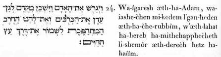 24. Et-il-éloigna ce-mème-Adam (l’homme universel), et-il-fit-résider de-l'antériorité-universelle-des- temps, à-la-sphère-temporelle-et- sensible, ce-mème-cherubin (un être semblable aux innombrables légions ) et-cette-même-flamme incandescente de-l’ardeur-dévastatrice tourbillonnant-sans-cesse-sur elle-même, pour-garder la-route de-la-substance-élémentaire des vies.