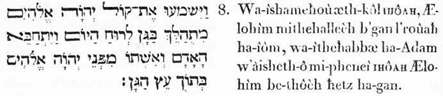 8. Et-ils-entendirent-la-voix même de-IHÔAH, Lui-l'Étre-des-êtres, se-portant-en-tous - sens , dans- l’enceinte - organique, selon - le - souffle-spiritueux du-jour : et-il-se- cacha, Adam (l’homme universel) et-la-femme-intellectuelle-à-lui (sa faculté volitive) de-la-face de-IHÔAH Lui-les-Dieux, au-centre de-la-substance de-la-sphère-organique. 