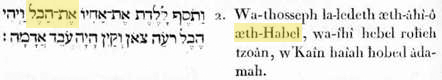 Chap.4,v.2. Et-elle-ajouta par-l’action- d enfanter l’ipséité - fraternelle - à- lui, l’existence-d’Habel ; et-il-fut Habel, conducteur (surveillant) de-l'être-indéfini, (le monde corporel) et-kaîn-fut serviteur, (élaborateur) de-l’élément-adamique